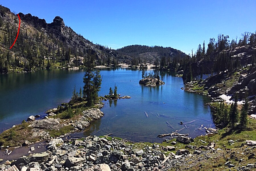 Once off the steep part of the descent, we boulder hopped to beautiful Crystal Lake. The red line shows our route to the top of the east ridge.