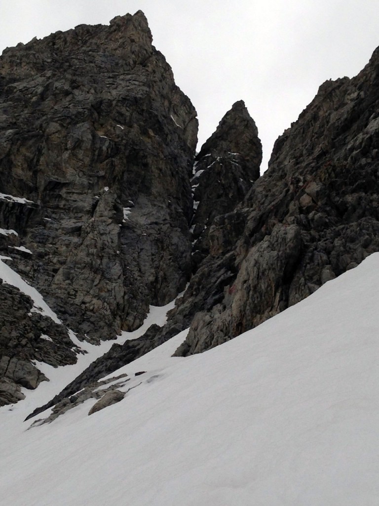 Looking up the bottom of Psycho Therapy. The route uses the right-hand gash and is out of sight in this photo. Photo - Cory Harelson 