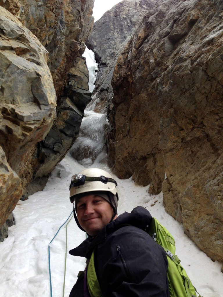 Kevin getting ready to tackle the crux pitch on Psycho Therapy. Photo - Cory Harelson