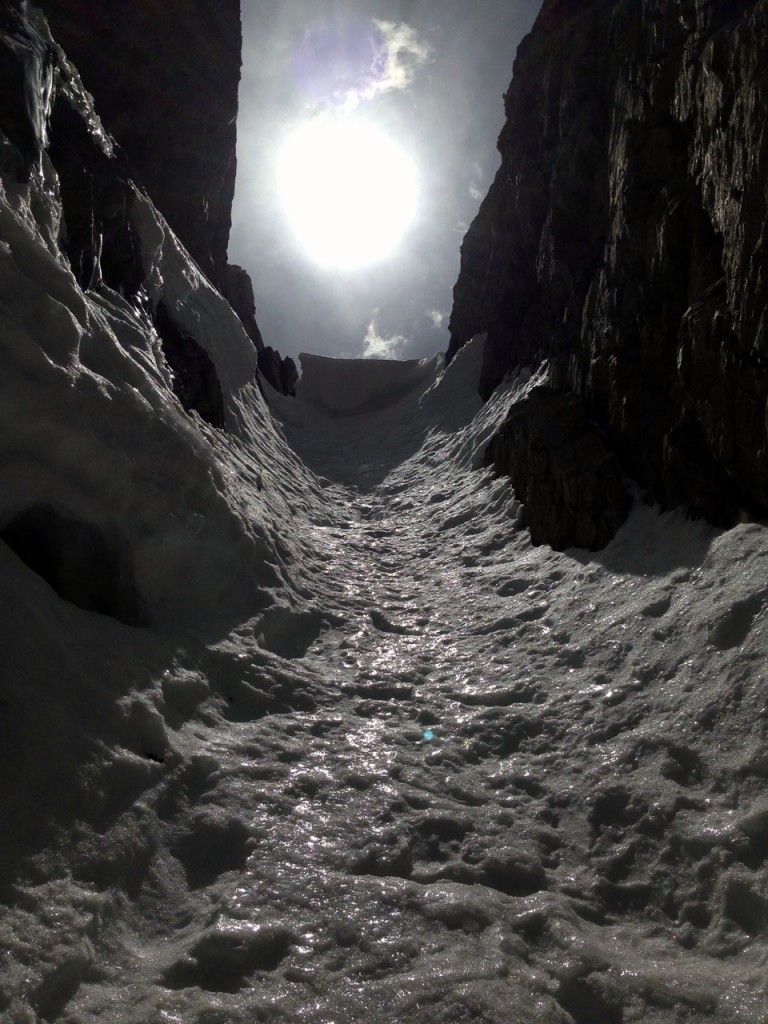 Looking up at the overhanging cornice that marked the very top of Psycho Therapy. Photo - Cory Harelson