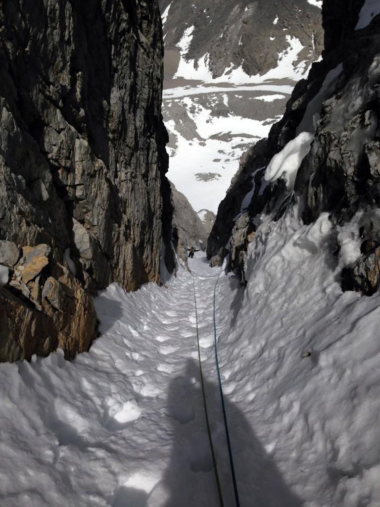 Looking back down the last pitch as Kevin simul-climbs behind me. Photo - Cory Harelson