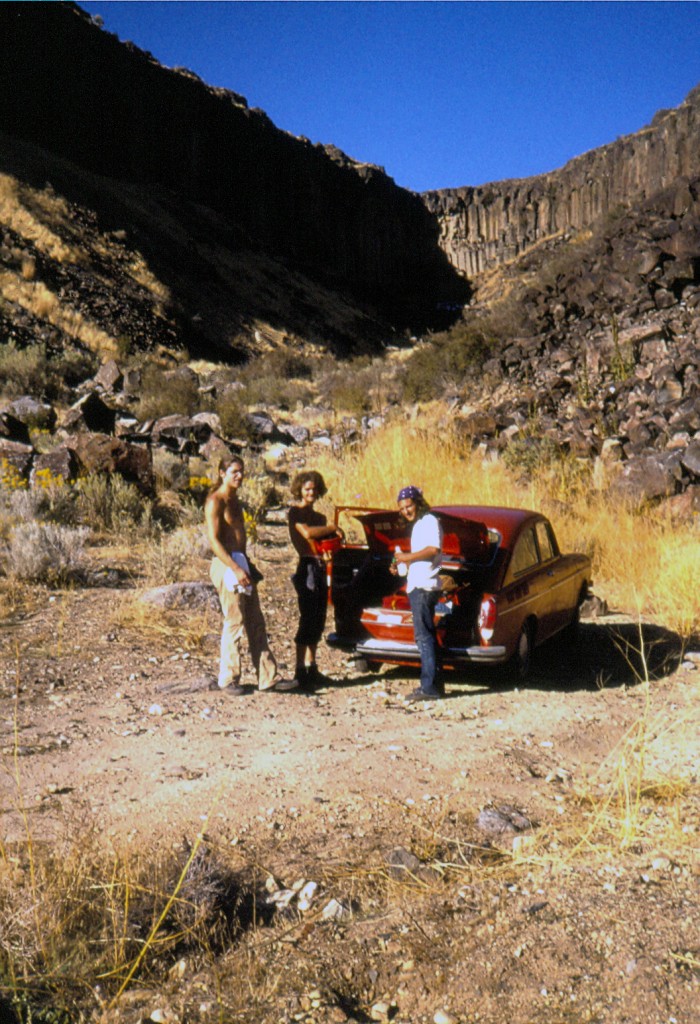 Guy Carson, Carl Sheets and Mike Weber posing for the camera in Car Body Canyon, Fall 1973