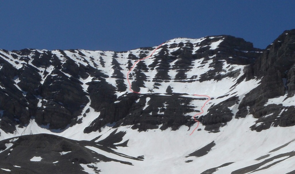 The north face of USGS showing the Platt Pahlas line of ascent. John Platt Photo.