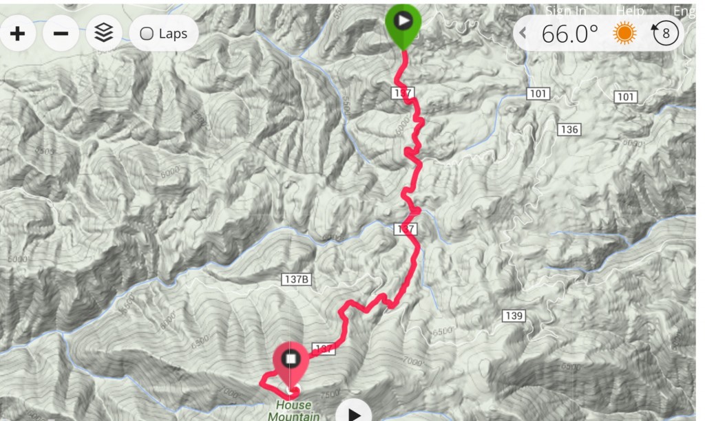 My GPS track. Note I started 0.7 miles up the road from FS-128.