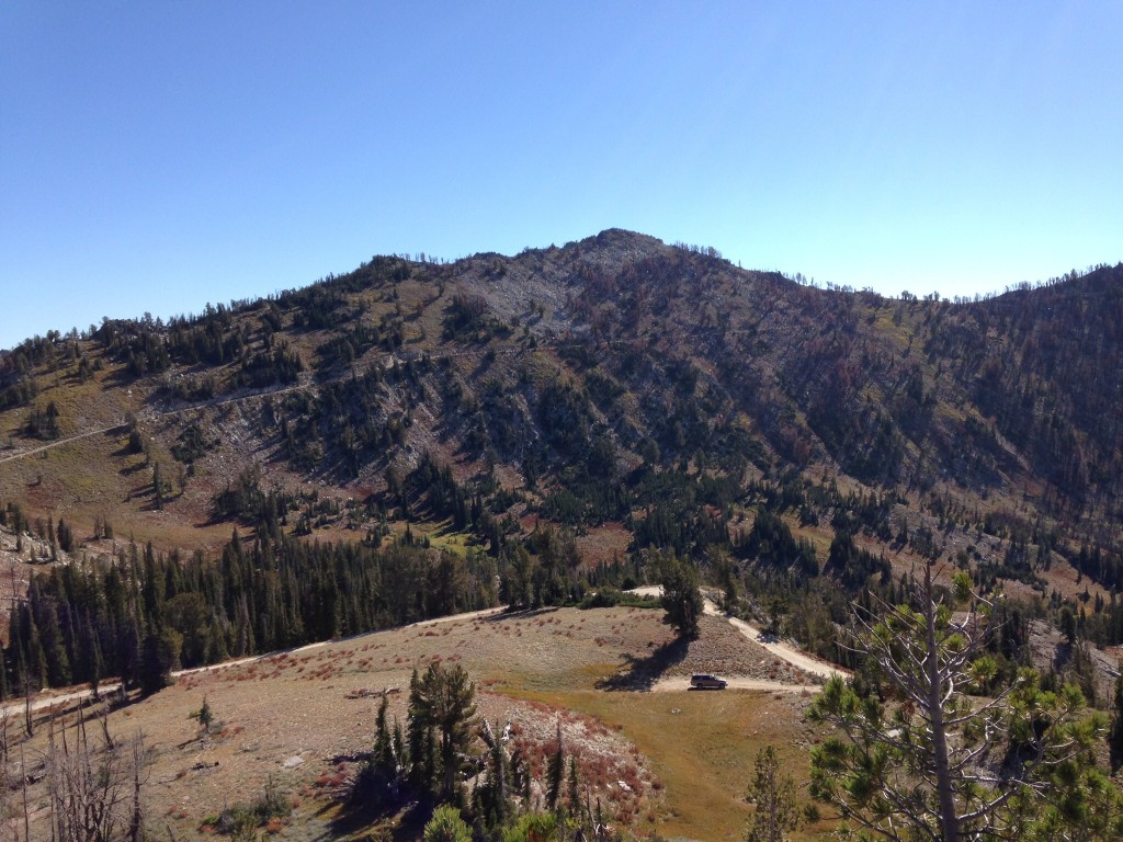 The Fiddlers Perch viewed from the upper slopes of Peak 9037. The saddle on the left side of this photo connects with Trinity Mountain.