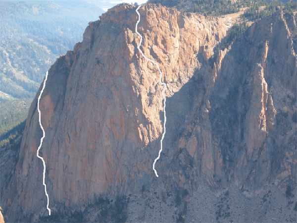 This photo shows the Mountaineers Route on the left and Astro Elephant on the right. Photo and Route lines by John Platt