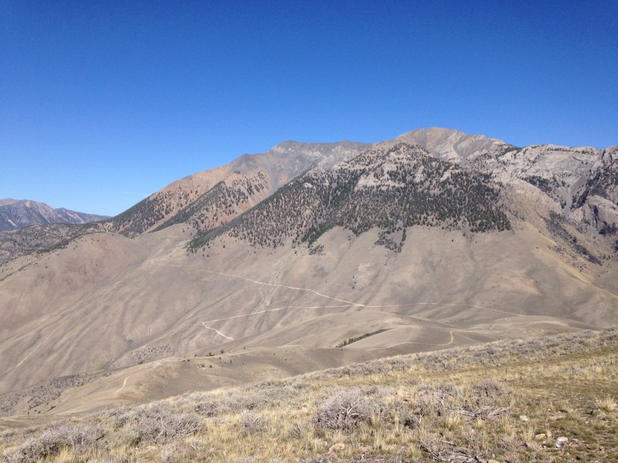 King Mountain from Peak 8150. The access road is visible below King Mountain.