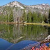 In the picture across the lake, Pk. 9,334 is on the right.  The route follows the left skyline over Pt. 8,960+.  Judi Steciak Photo