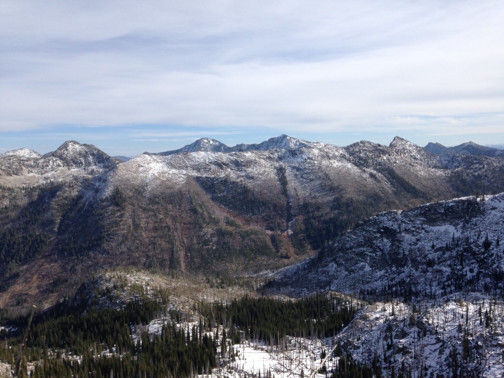 Looking west from the summit of Black Pearl Peak. Storm Peak is on the far left, North and South Loon are in the center and Lost Art Peak is the sharp point on the right.