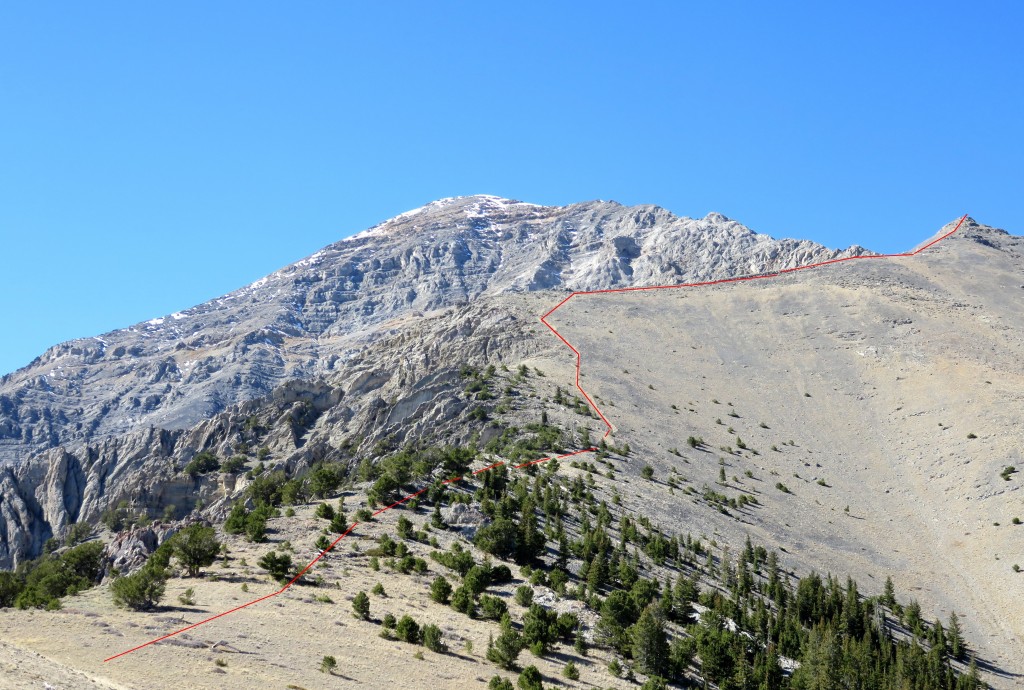 Another view of the lower route in the foreground and the upper east ridge is on the skyline climbing from right to left. Photo - Dan Paulson