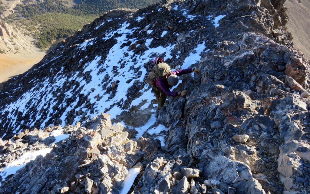 The upper ridge is a rocky rib. You should be able to find a Class 3 route up the ridge but keep in mind that there is a lot of Class 4 territory so be careful where you tread. Photo - Dan Paulson