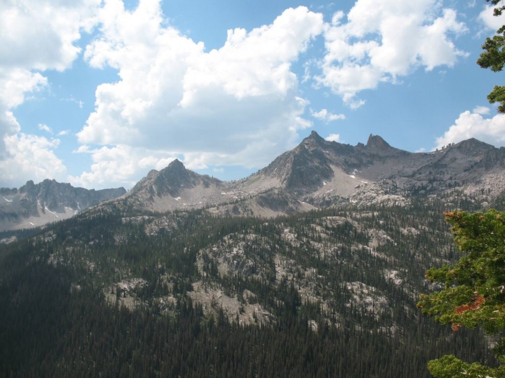 The Rakers from the ridge east & above Fall Creek looking west. North & South Raker are the obvious sharp summits at center. What the USGS calls South Raker is the next bump on the ridge to the left (south). Ray Brooks Photo