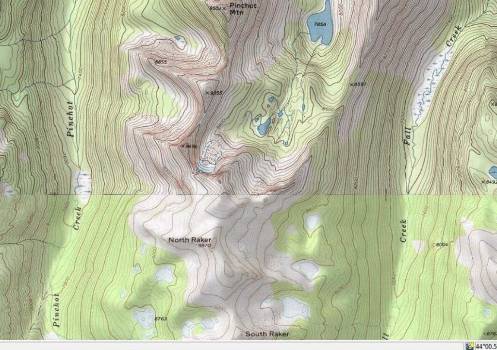 North is up. My first trip in 2006, we did steep bush wacking combined with climbing from near Fern Falls on the S. Fork Payette into lake 7858. 2009 we went into Fall Creek. It also entailed route-finding and bushwacking. No trails & no signs of humans. Lots of wolf & bear sign. Map courtesy of Ray Brooks