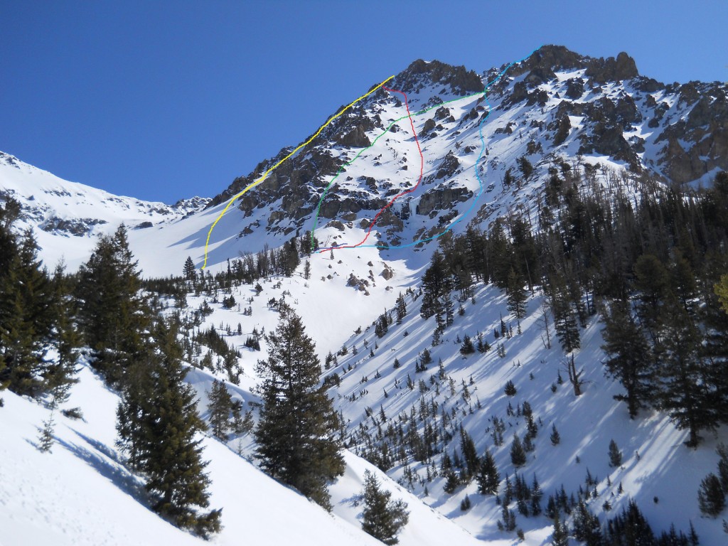 Routes above drainage on the peak's southwest side.