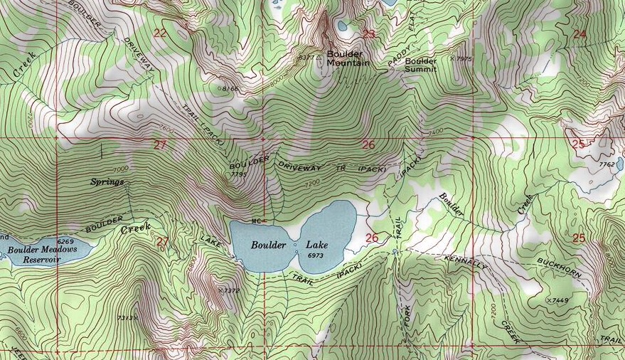 The,Boulder Lake Drainage is a good base camp for climbing Boulder Mountain and Buckhorn Mountain.