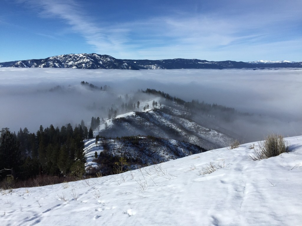 Looking down the west ridge. The last half mile is a bit of a roller coaster ride on snowshoes.