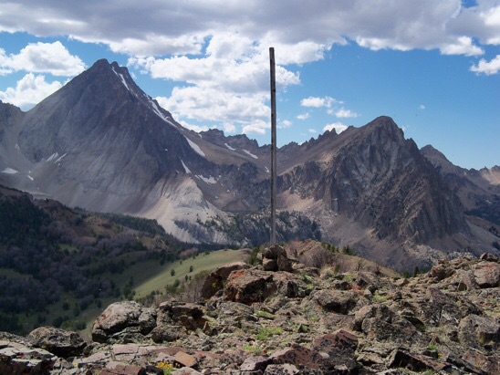 From summit of Mt Ernie Day view W to the White Clouds most worth saving. Castle Peak, left, and Merriam Peak, right. 8/15/10. Rick Baugher Photo