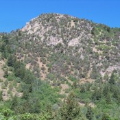 East face of New Point from start of hike in New Canyon. The nearby Oneida-Bannock County line is also the Great Basin-Columbia divide. New Point is on the Great Basin side. Rick Baugher Photo 8/5/12.