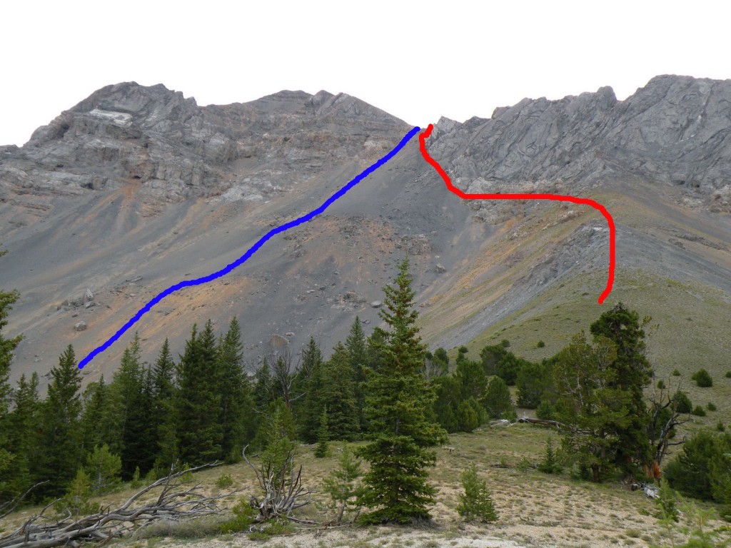 Ascending the west side of Diamond Peak involves a classic talus climb. The red line is the ascent and the blue line the descent taken by Zach Vickery and Matt Durant. Photo - Zach Vickery