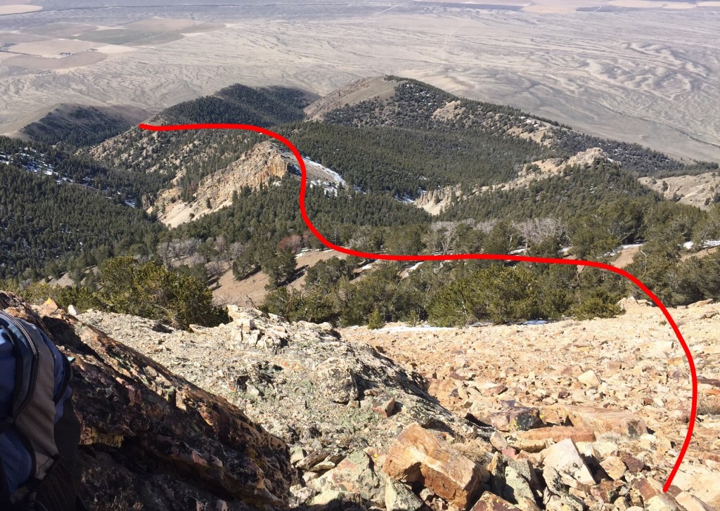 The southwest ridge route viewed from the top down. 3.0 miles one way with roughly 3600 feet of elevation gain.