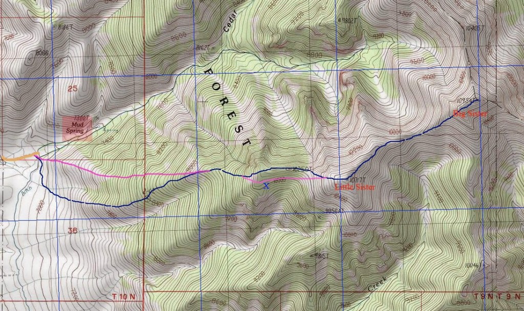 This map,shows Larry Prescott's track from Mud Springs to Little and Big Sister peaks. Larry Prescott Map