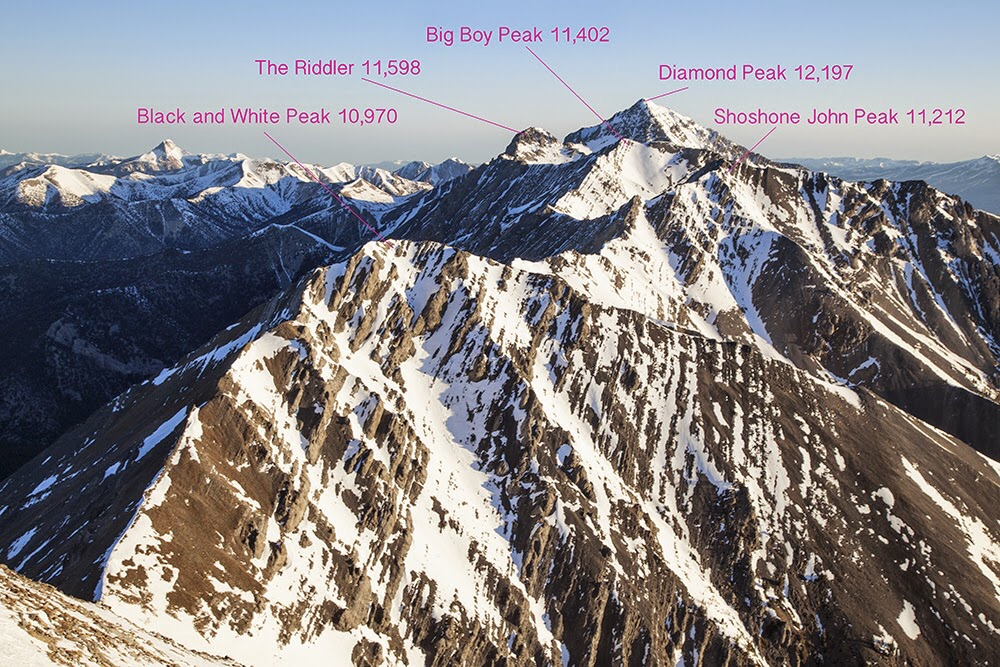 The biggest Lemhi peak, Diamond Peak and its neighbors, from Little Diamond Peak. Larry Prescott Photo