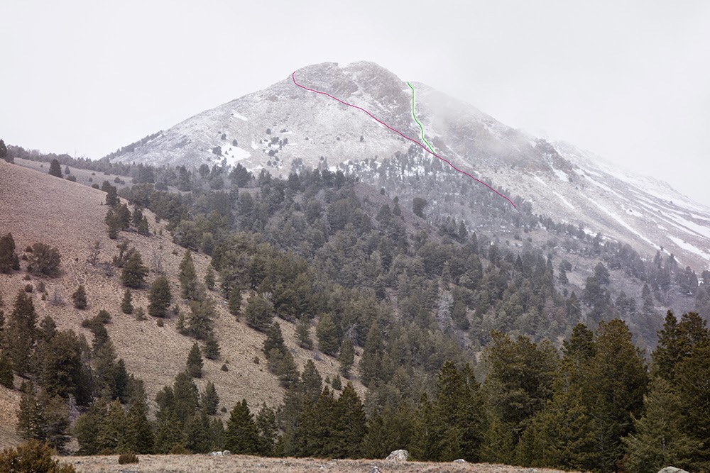 White Cap Mountain showing Larry Prescott's routes up and down out of Sawmill Gulch. Larry Prescott Photo 