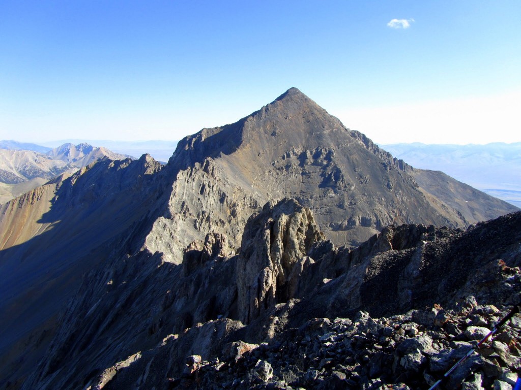 Looking from the Riddler to Diamond Peak. This ridge has been traversed but I do not know the details. George Reinier Photo