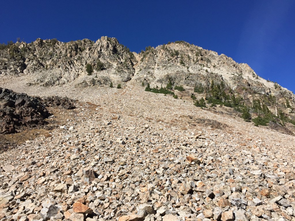 The Baugher Coilor is unmistakable from the meadow. It is roughly 1,100 feet to the summit from the meadow.