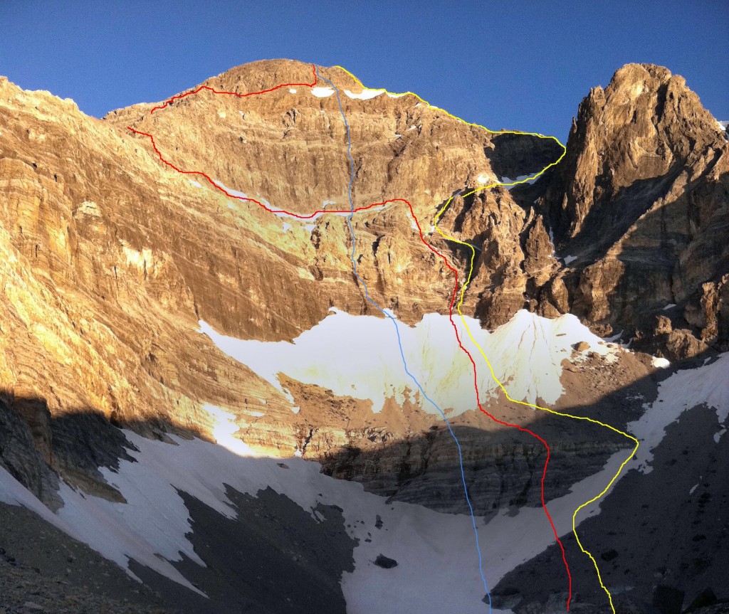 East Face Routes. The blue line is the Direct, red the Dirty Traverse and yellow the East Face variation. Photo - Wes Collins