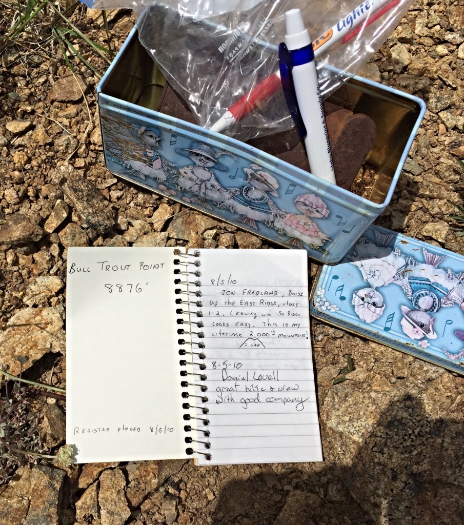 The summit register left by Jon Fredland in 2010. Bull Trout Point was his 2,000th summit. Congratulations to John.