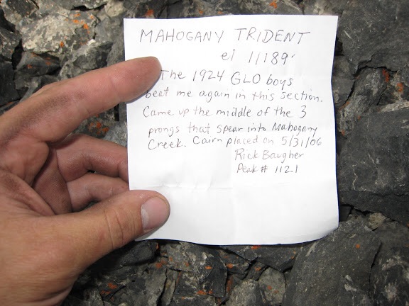Rick Baugher's note in the summit register. George Reinier Photo
