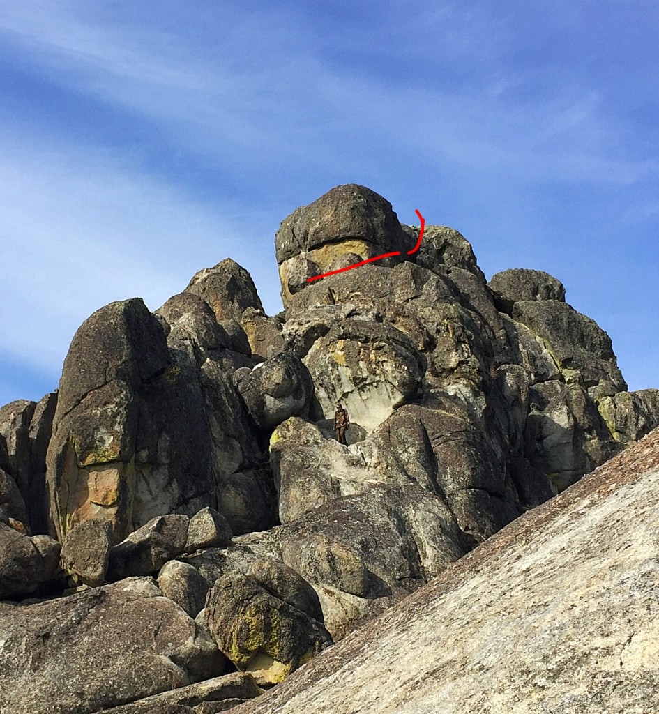 To reach the Class 5 route that I climbed with Bob Boyles, leave the Standard route and cross this ledge to the north side of the rock.