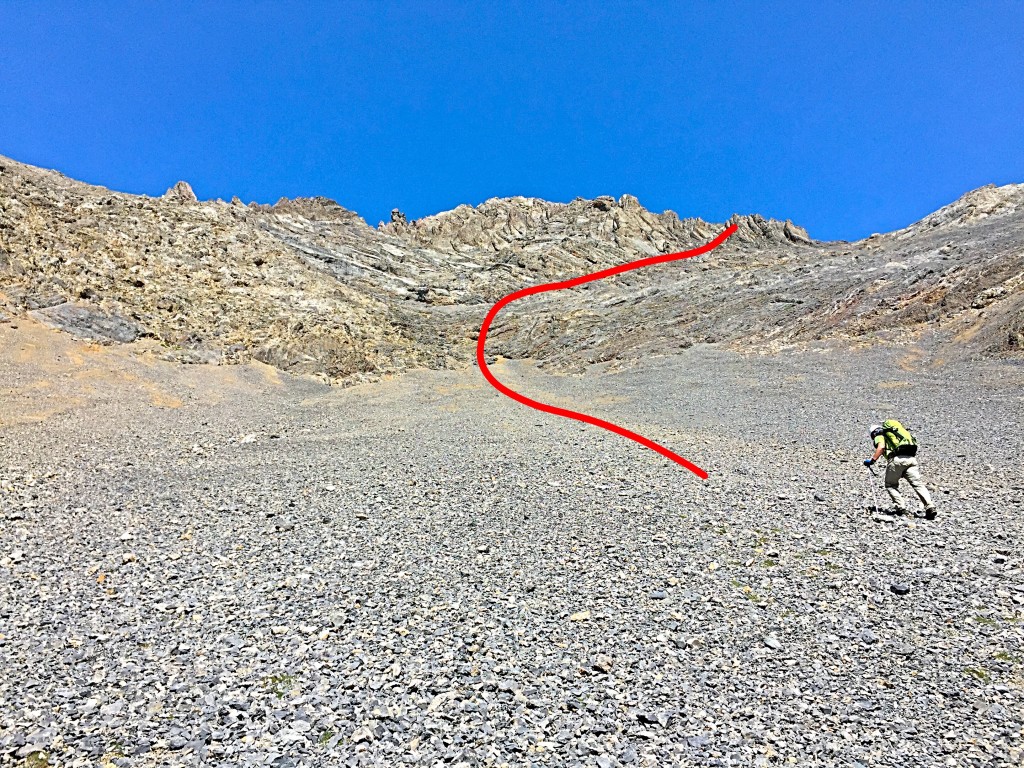 Once through the cliff band showed in the last photo my route followed the red line which in the lower section is to the right of the original route.