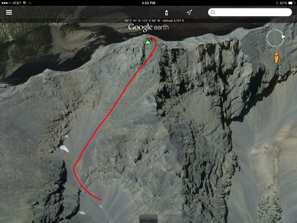 The route drawn on a Google Earth image.