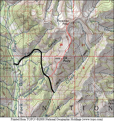 Paradise Peak. The black line is the road approach. The red line is the climbing route.