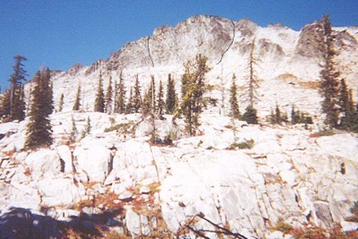 Slab Butte's East Face. Das Buch is shown by dotted lines on the left and Wright of Center by the dotted lines on the right.